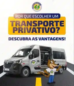 Por que escolher um transporte privativo?" mostrando uma van prata da Coottrafoz e o mascote da empresa.